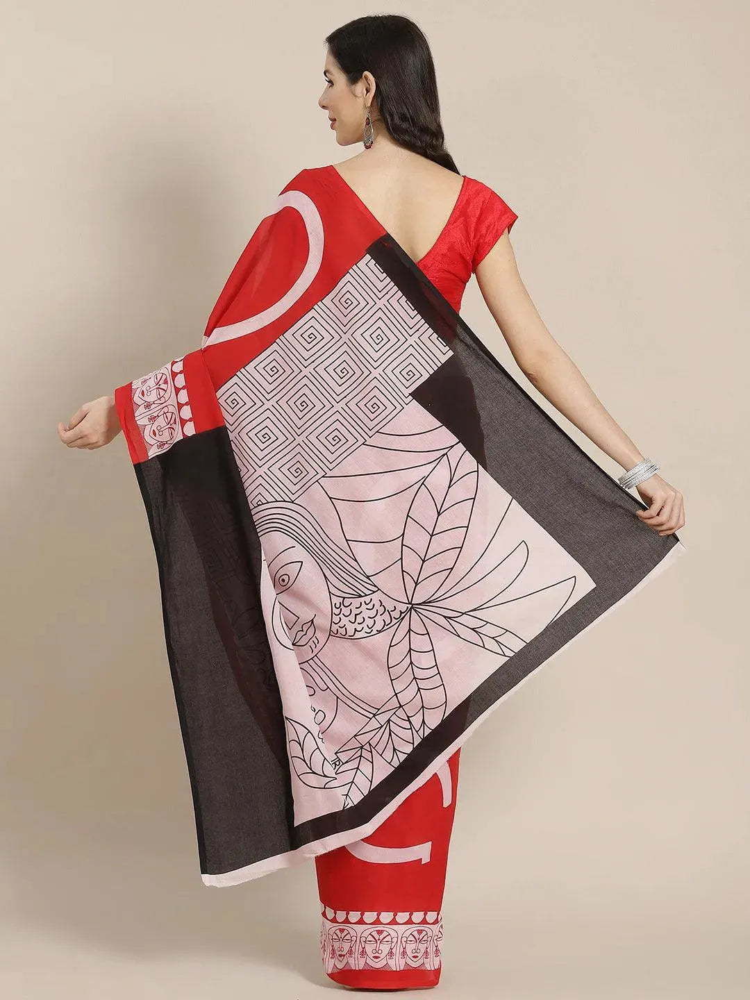 Red Printed Cotton Saree - Libas