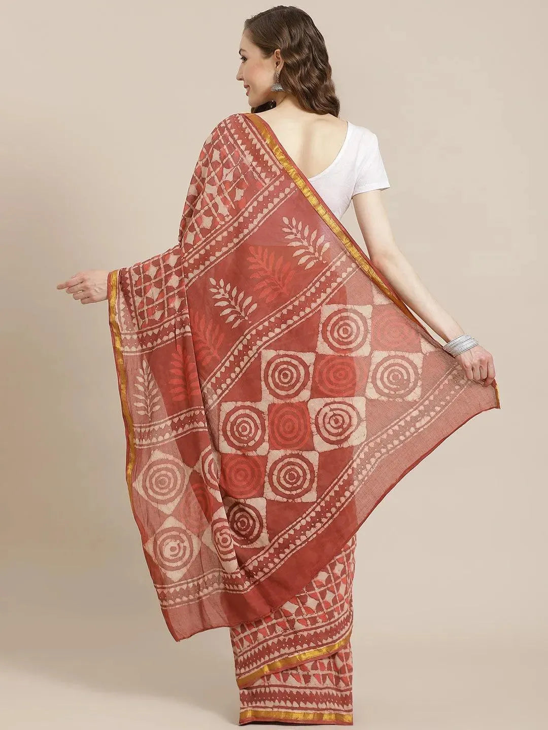 Red Printed Cotton Saree - Libas 