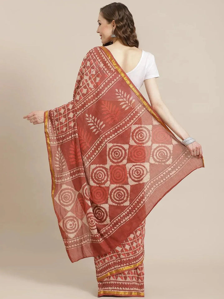 Red Printed Cotton Saree - Libas