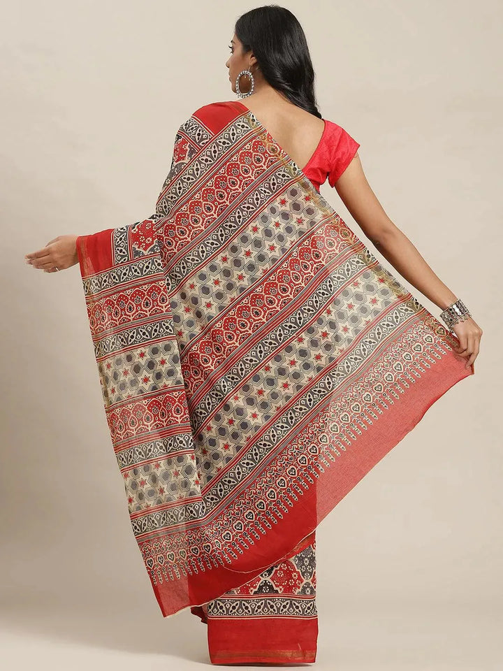 Red Printed Cotton Saree - Libas