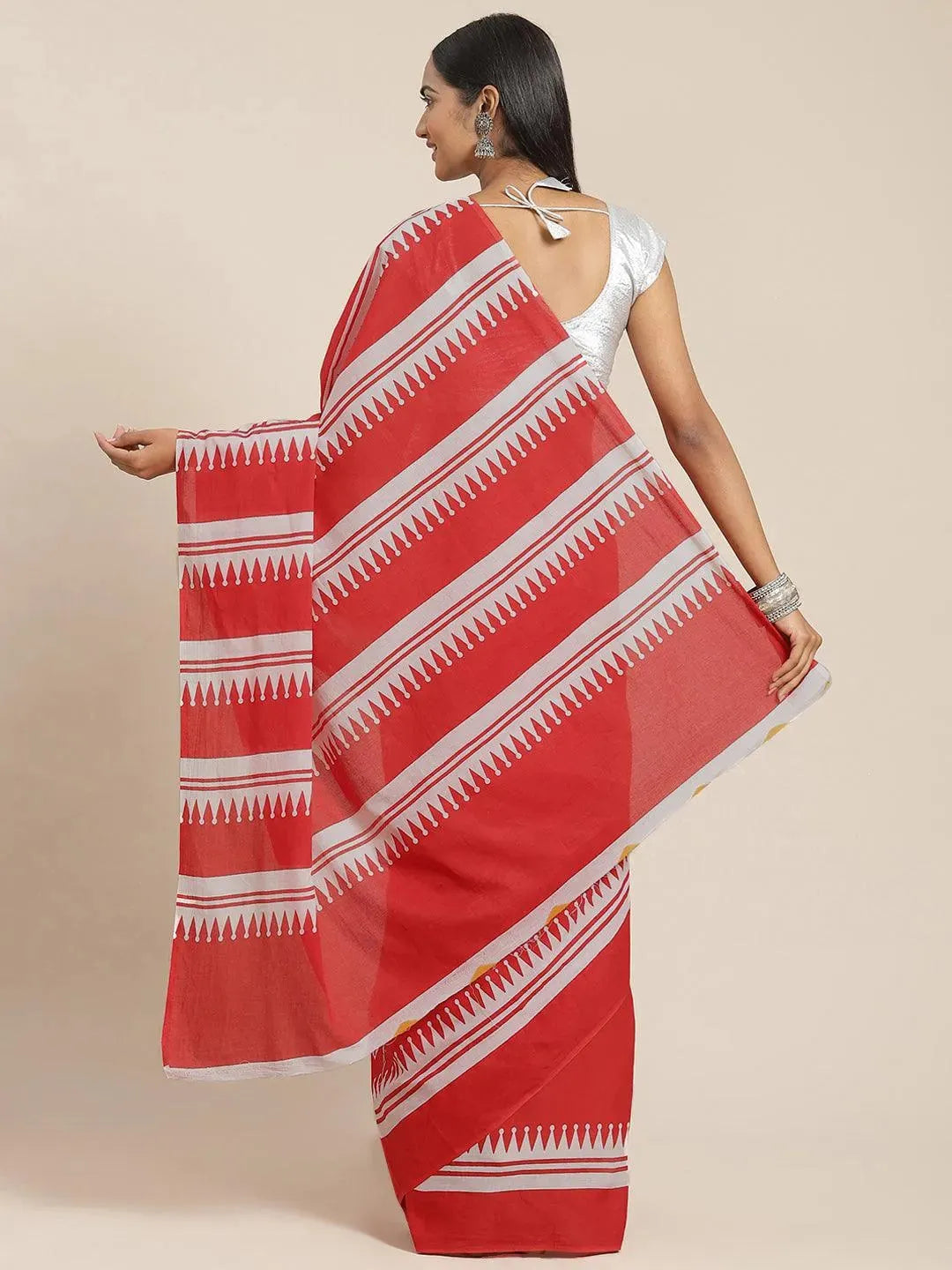 Red Printed Cotton Saree - Libas