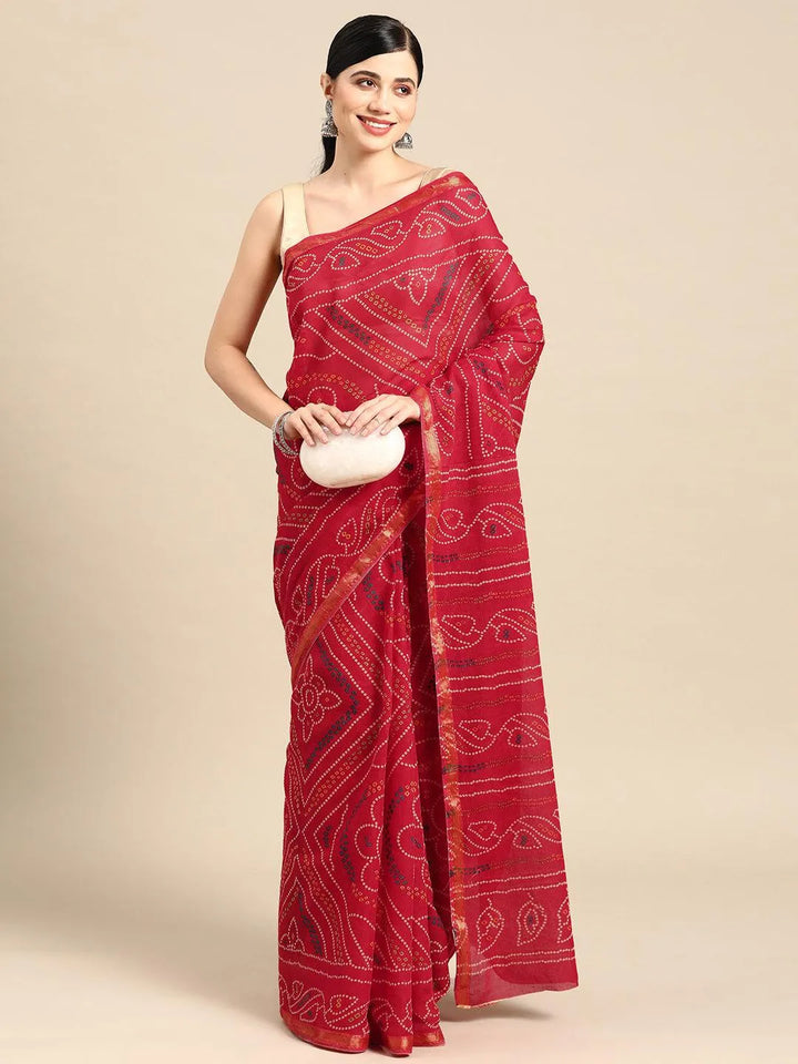 Red Printed Cotton Saree - Libas