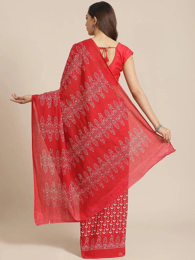 Red Printed Cotton Saree - Libas