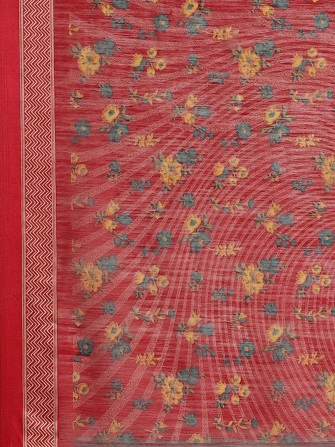 Red Printed Cotton Saree - Libas
