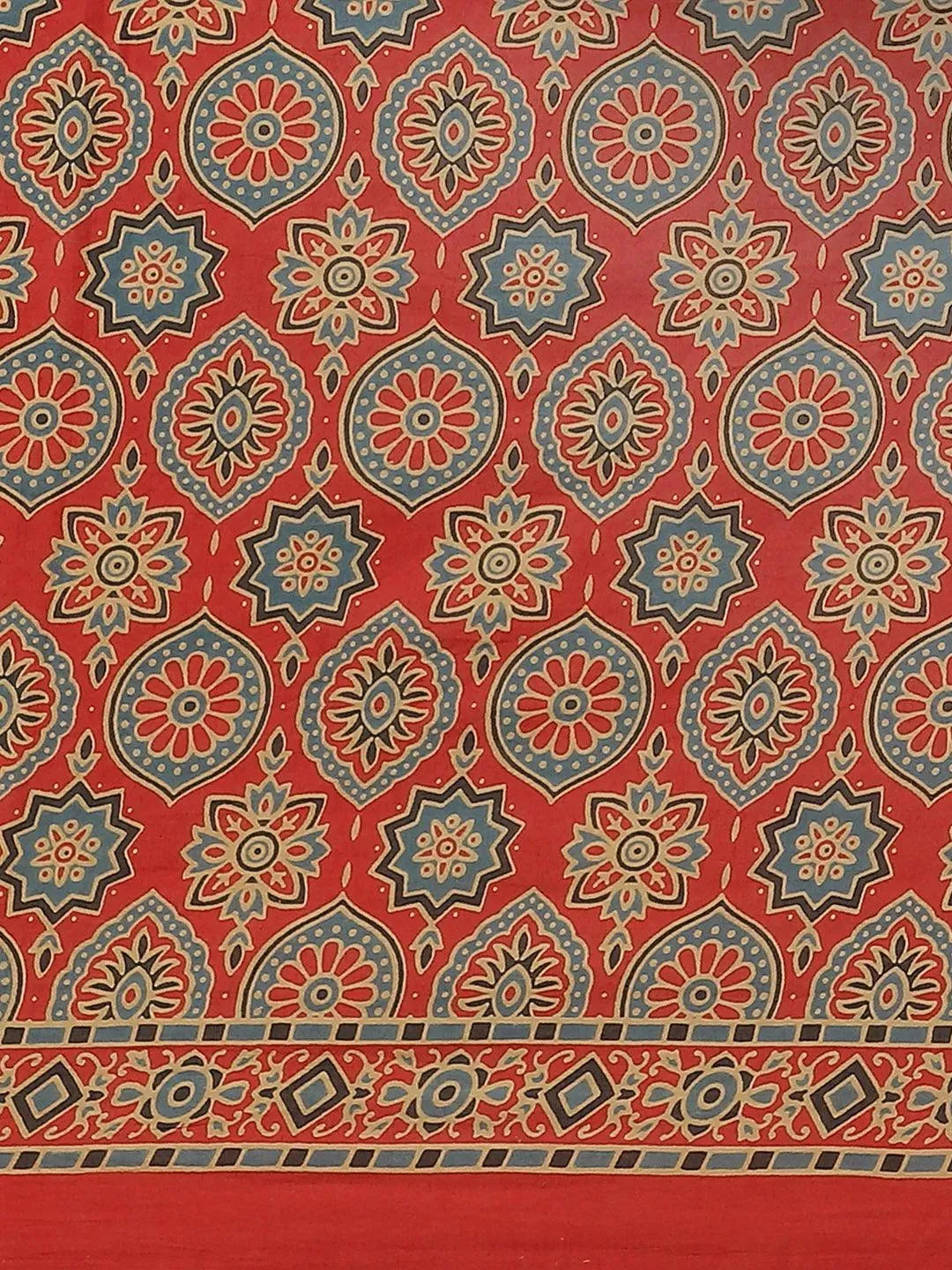 Red Printed Cotton Saree - Libas 