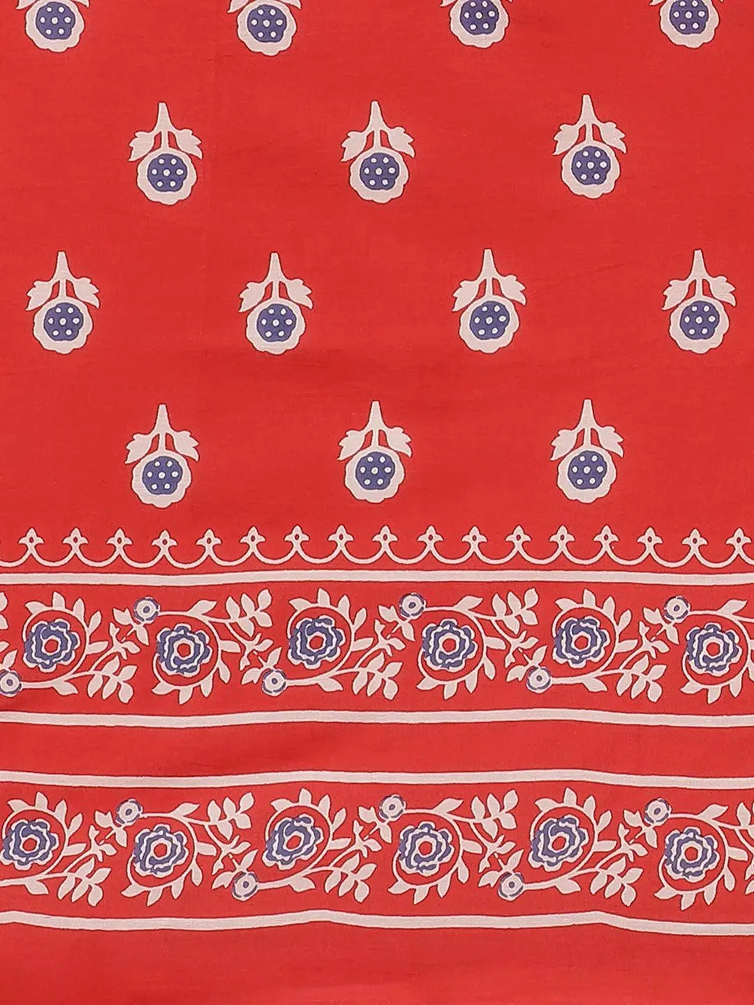 Red Printed Cotton Saree - Libas 