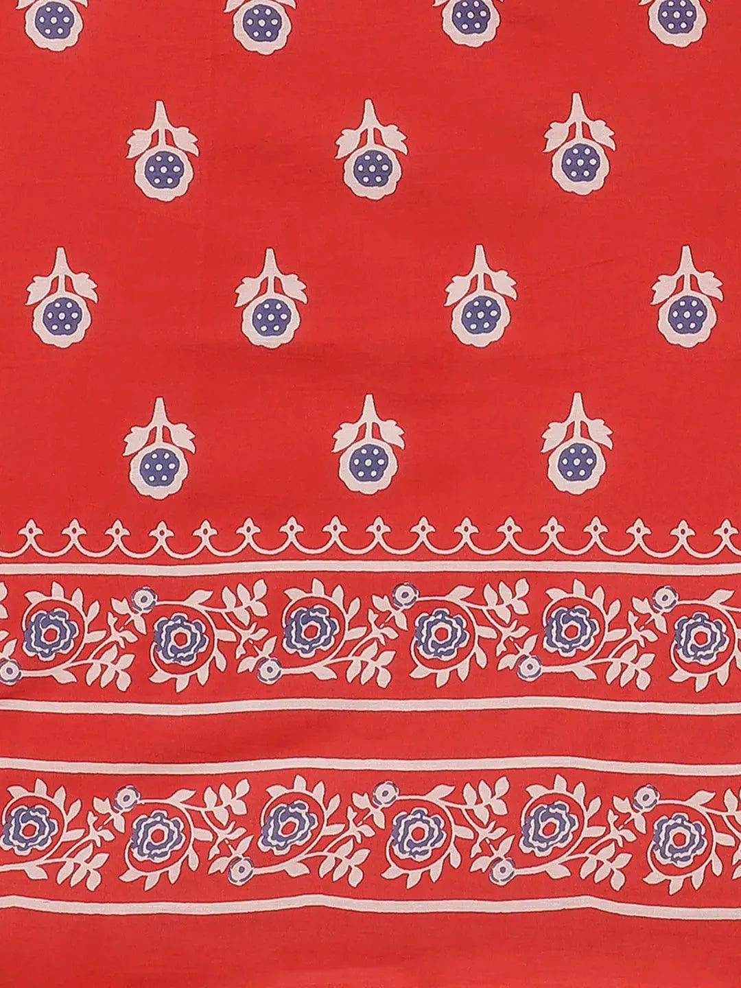 Red Printed Cotton Saree - Libas