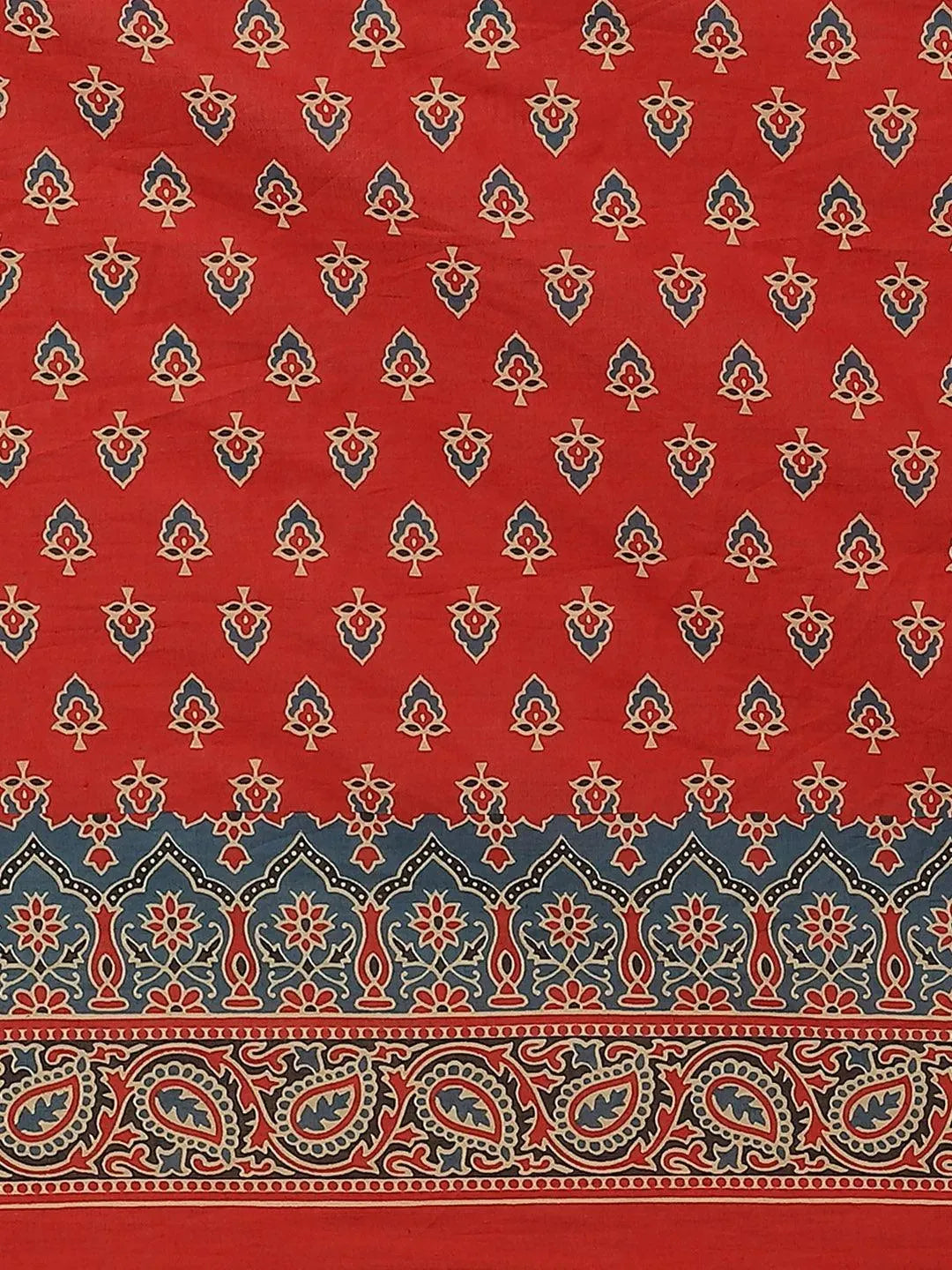 Red Printed Cotton Saree - Libas 