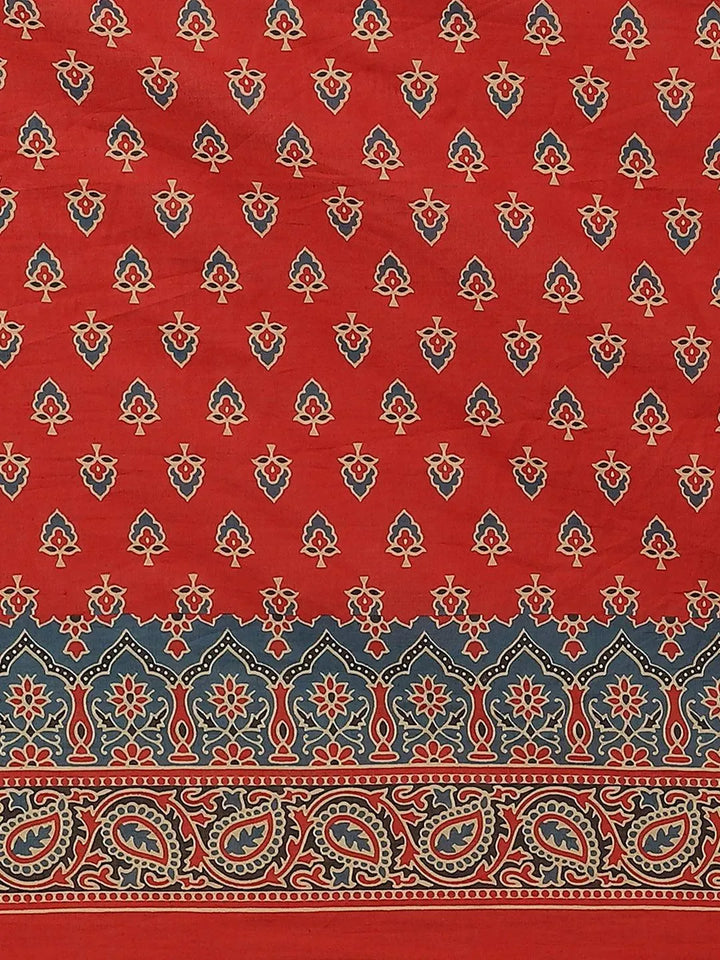 Red Printed Cotton Saree - Libas