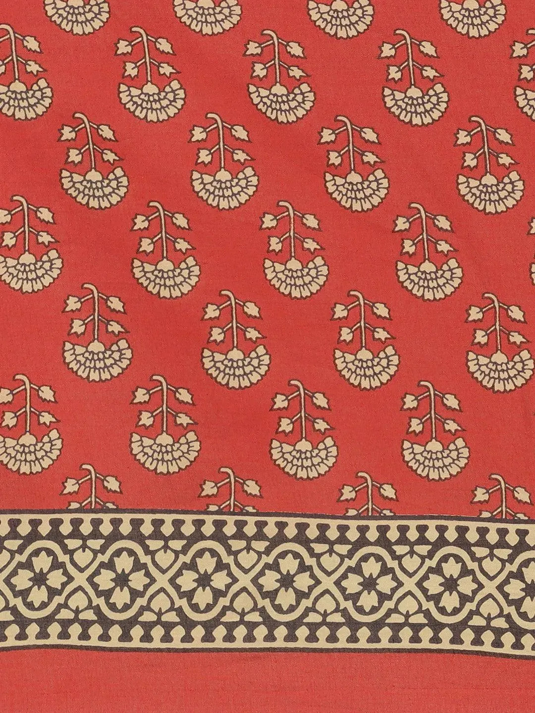 Red Printed Cotton Saree - Libas