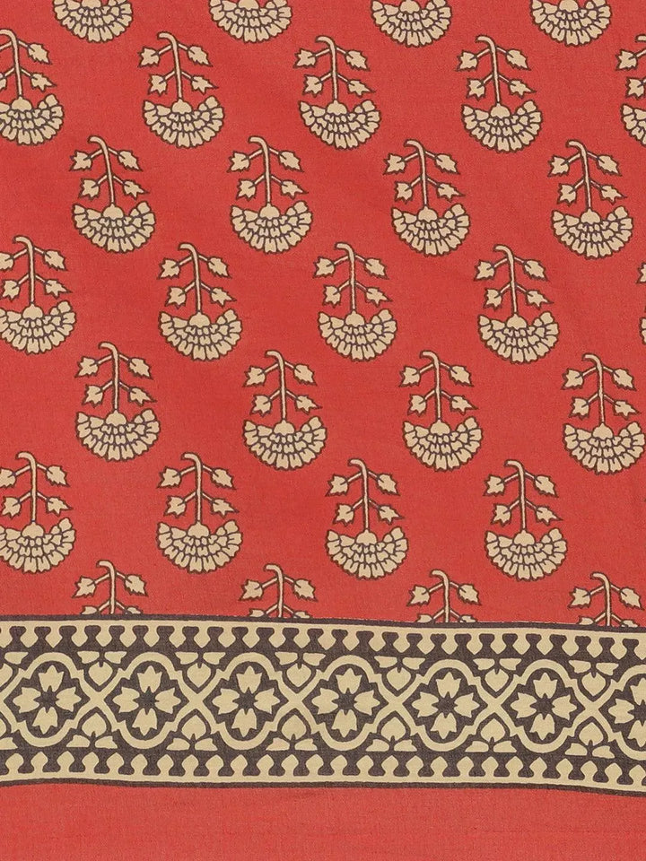 Red Printed Cotton Saree - Libas