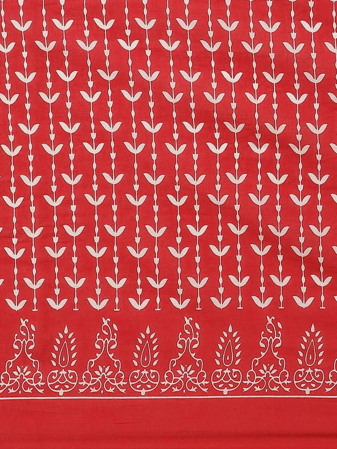 Red Printed Cotton Saree - Libas 