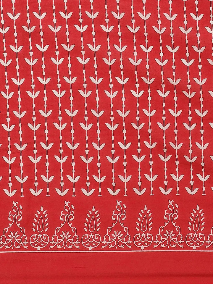 Red Printed Cotton Saree - Libas