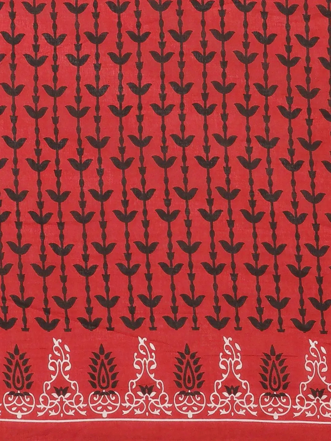 Red Printed Cotton Saree - Libas 