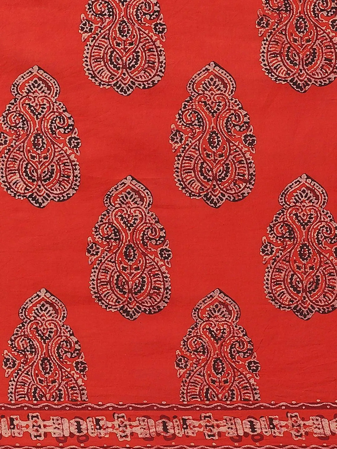Red Printed Cotton Saree - Libas 