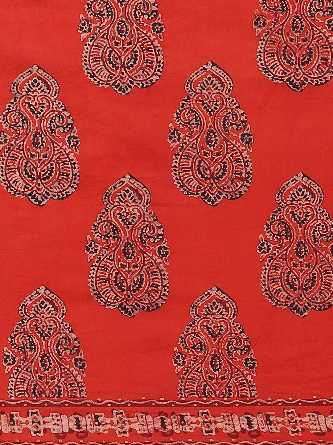 Red Printed Cotton Saree - Libas