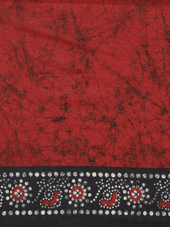 Red Printed Cotton Saree - Libas