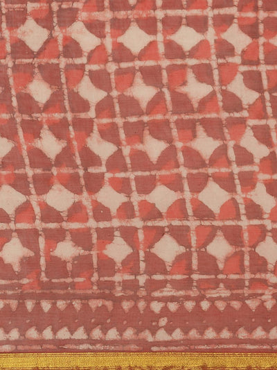 Red Printed Cotton Saree - Libas