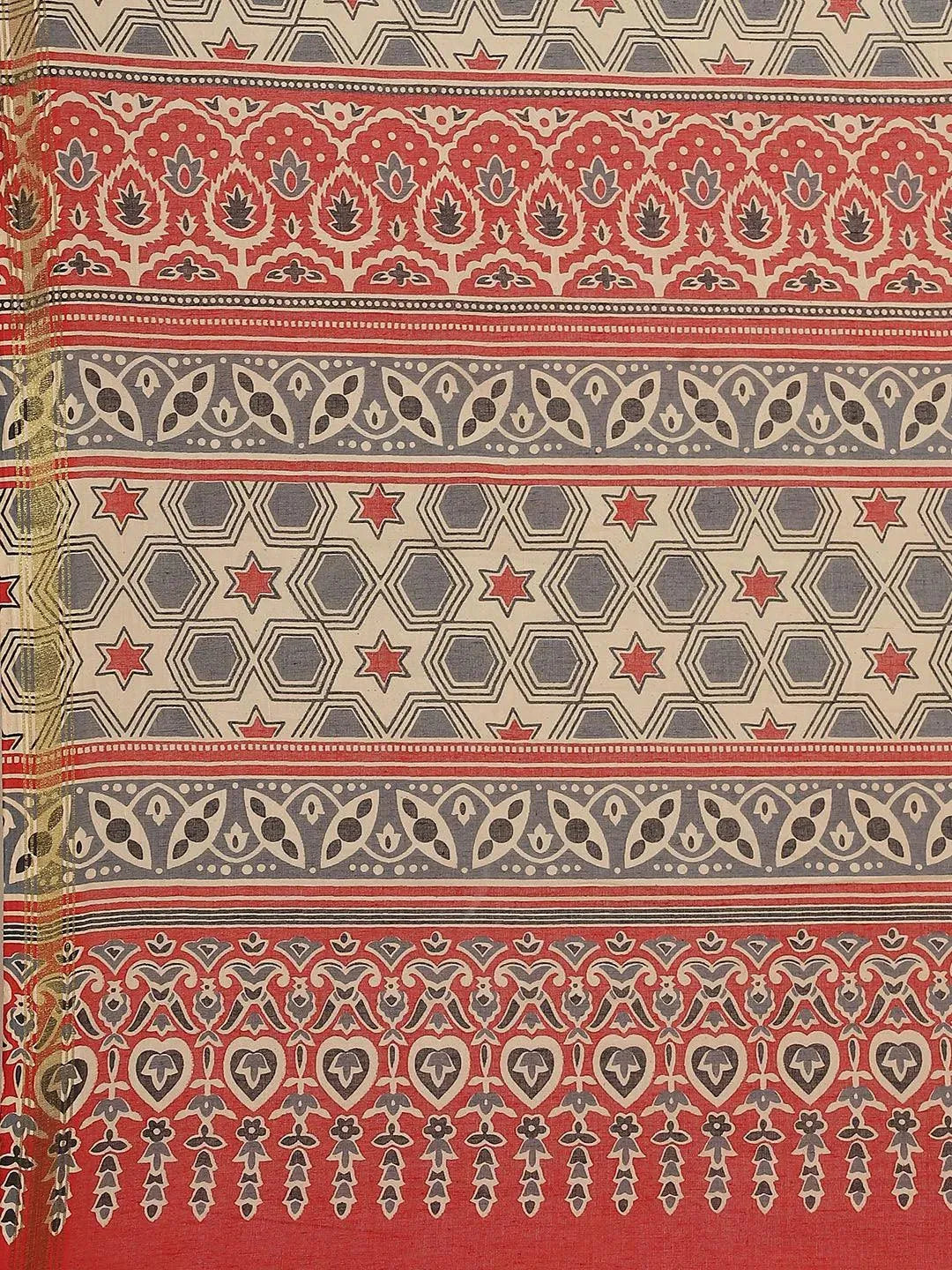 Red Printed Cotton Saree - Libas 