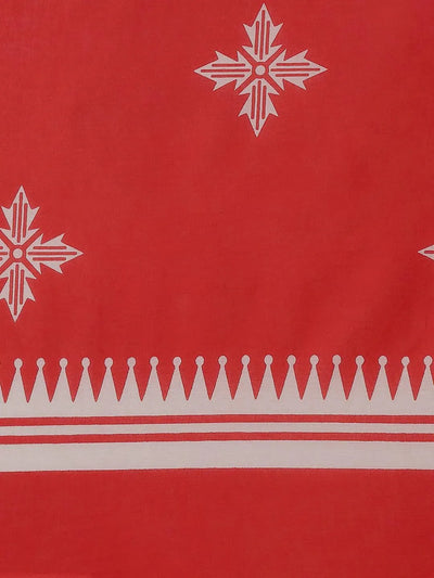 Red Printed Cotton Saree - Libas