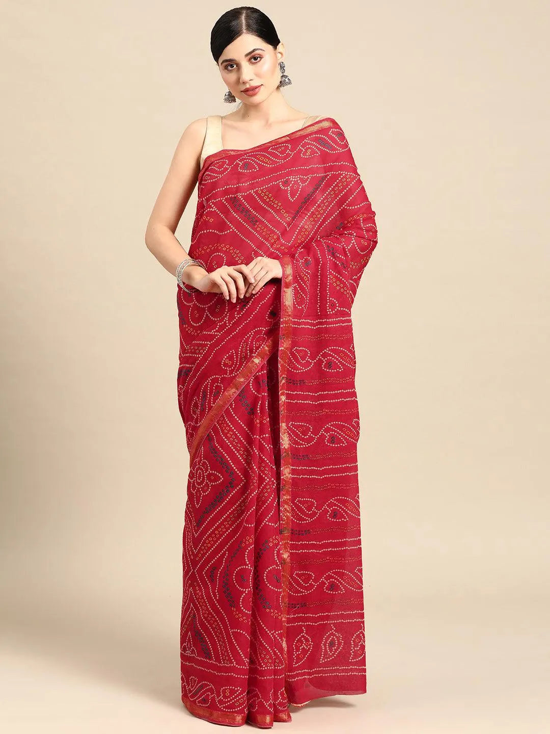 Red Printed Cotton Saree - Libas 