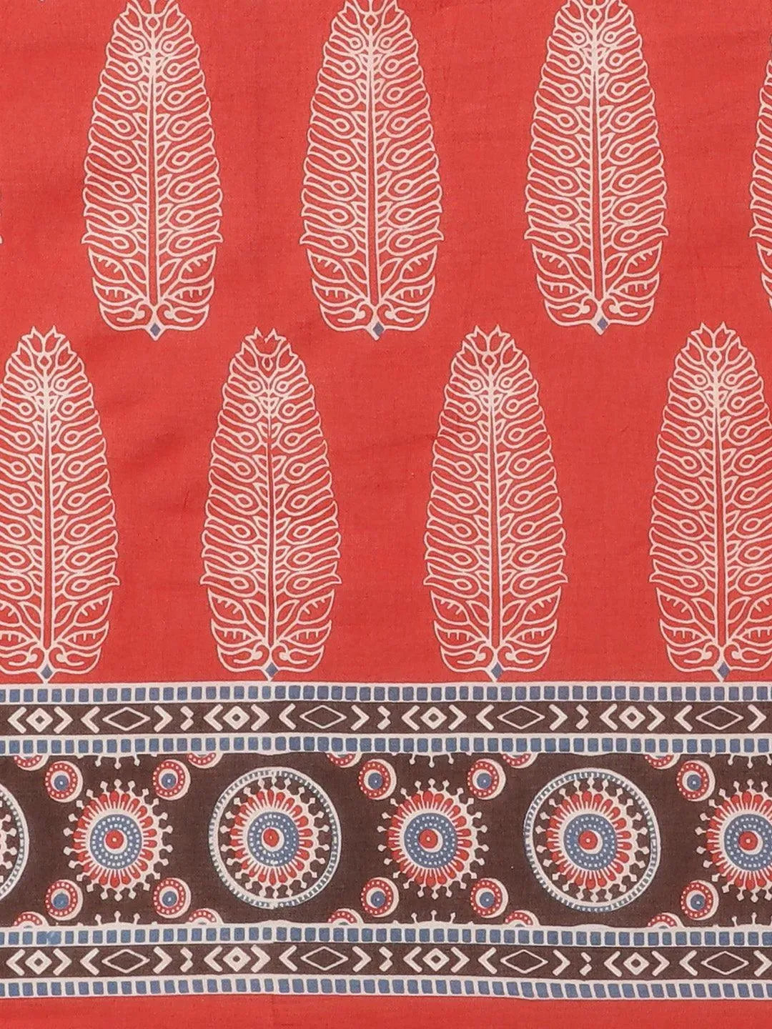 Red Printed Cotton Saree - Libas