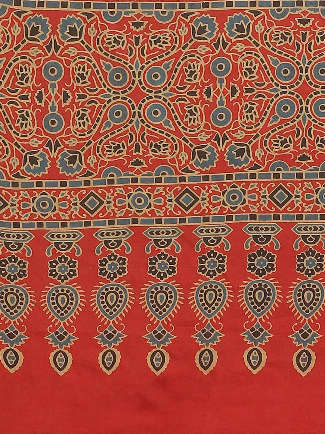 Red Printed Cotton Saree - Libas 