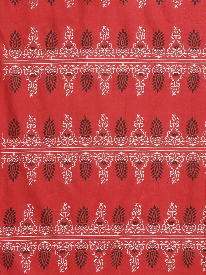 Red Printed Cotton Saree - Libas