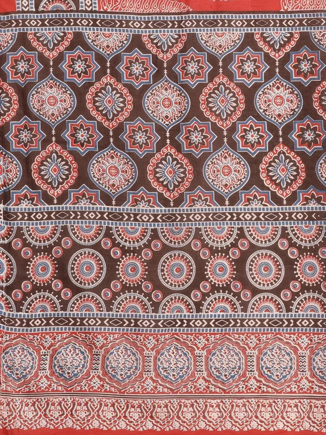 Red Printed Cotton Saree - Libas 
