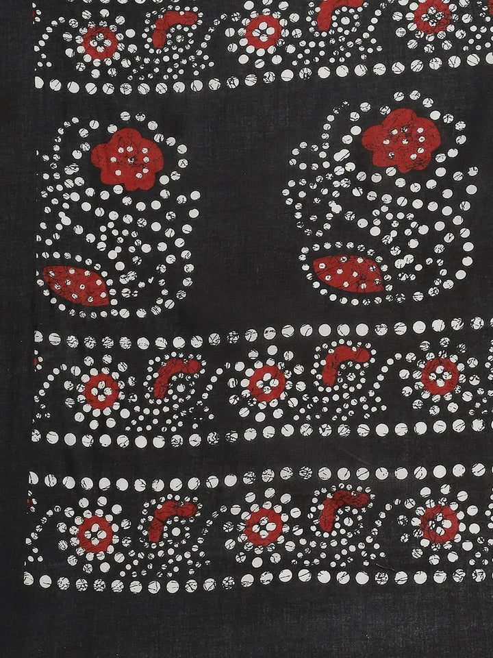 Red Printed Cotton Saree - Libas