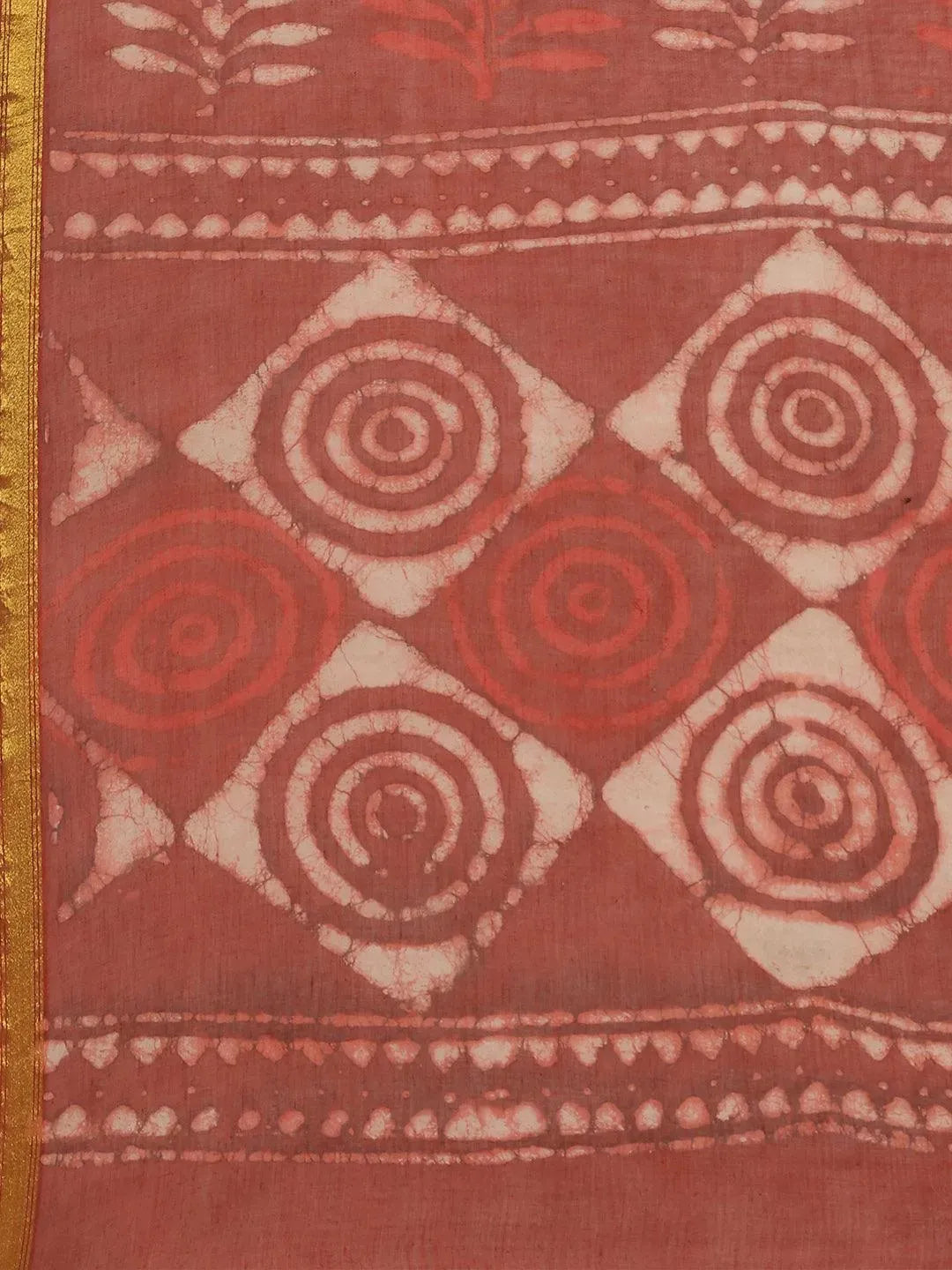Red Printed Cotton Saree - Libas 
