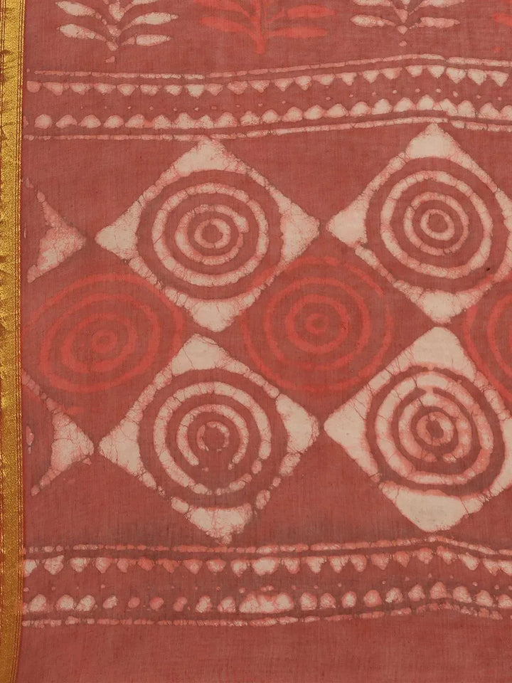 Red Printed Cotton Saree - Libas