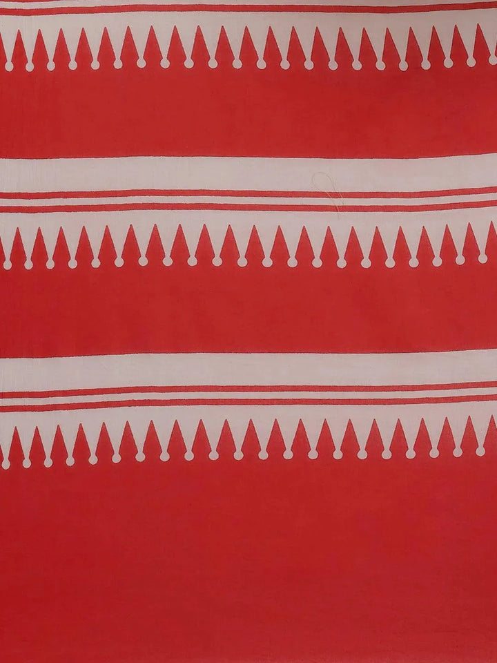 Red Printed Cotton Saree - Libas
