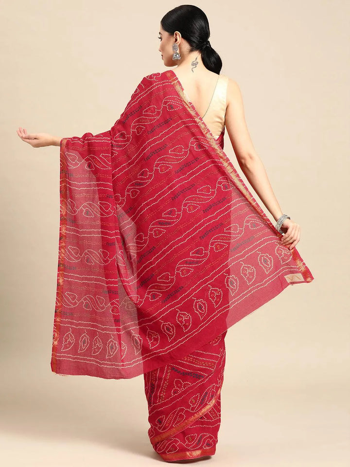 Red Printed Cotton Saree - Libas