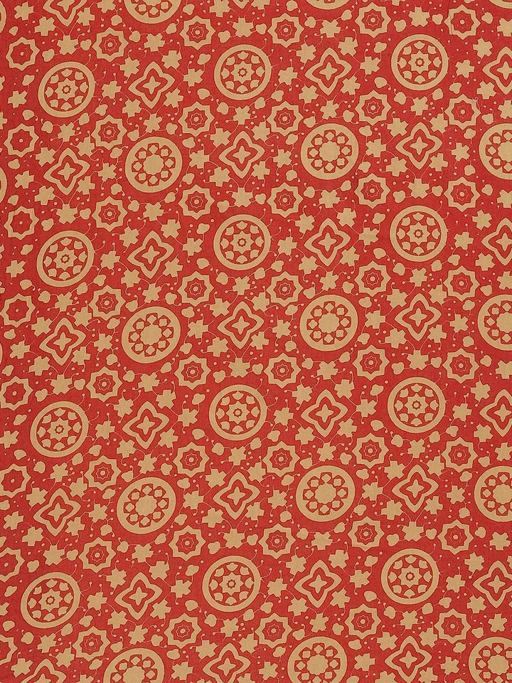 Red Printed Cotton Saree - Libas