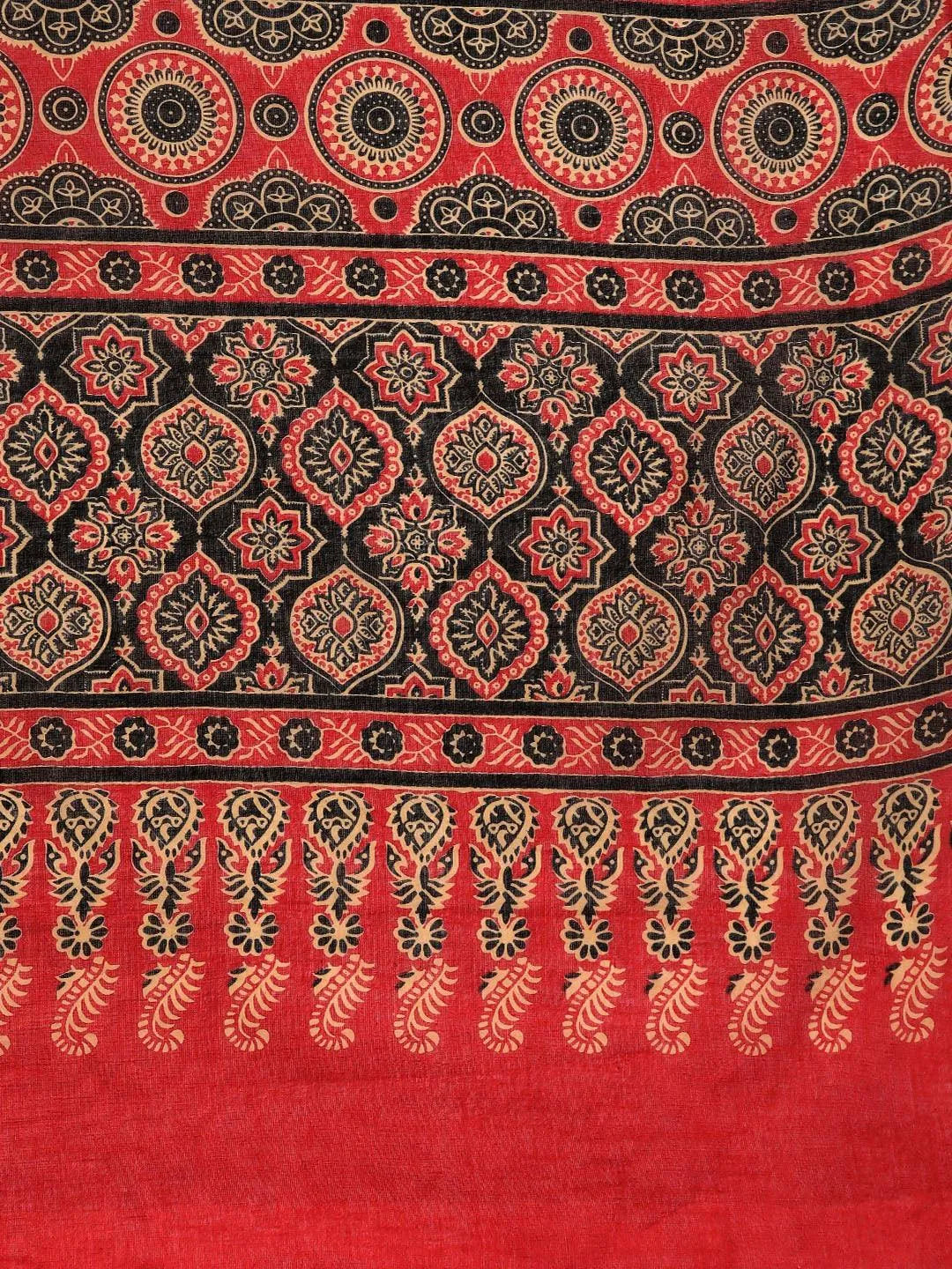 Red Printed Cotton Saree - Libas 
