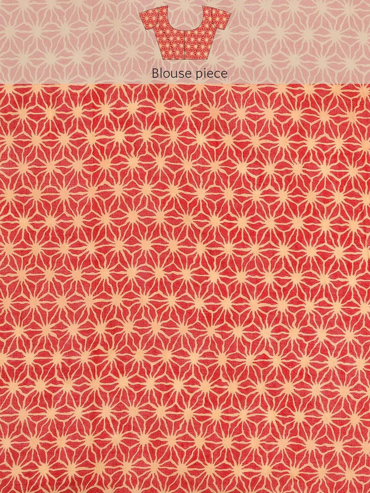 Red Printed Cotton Saree - Libas
