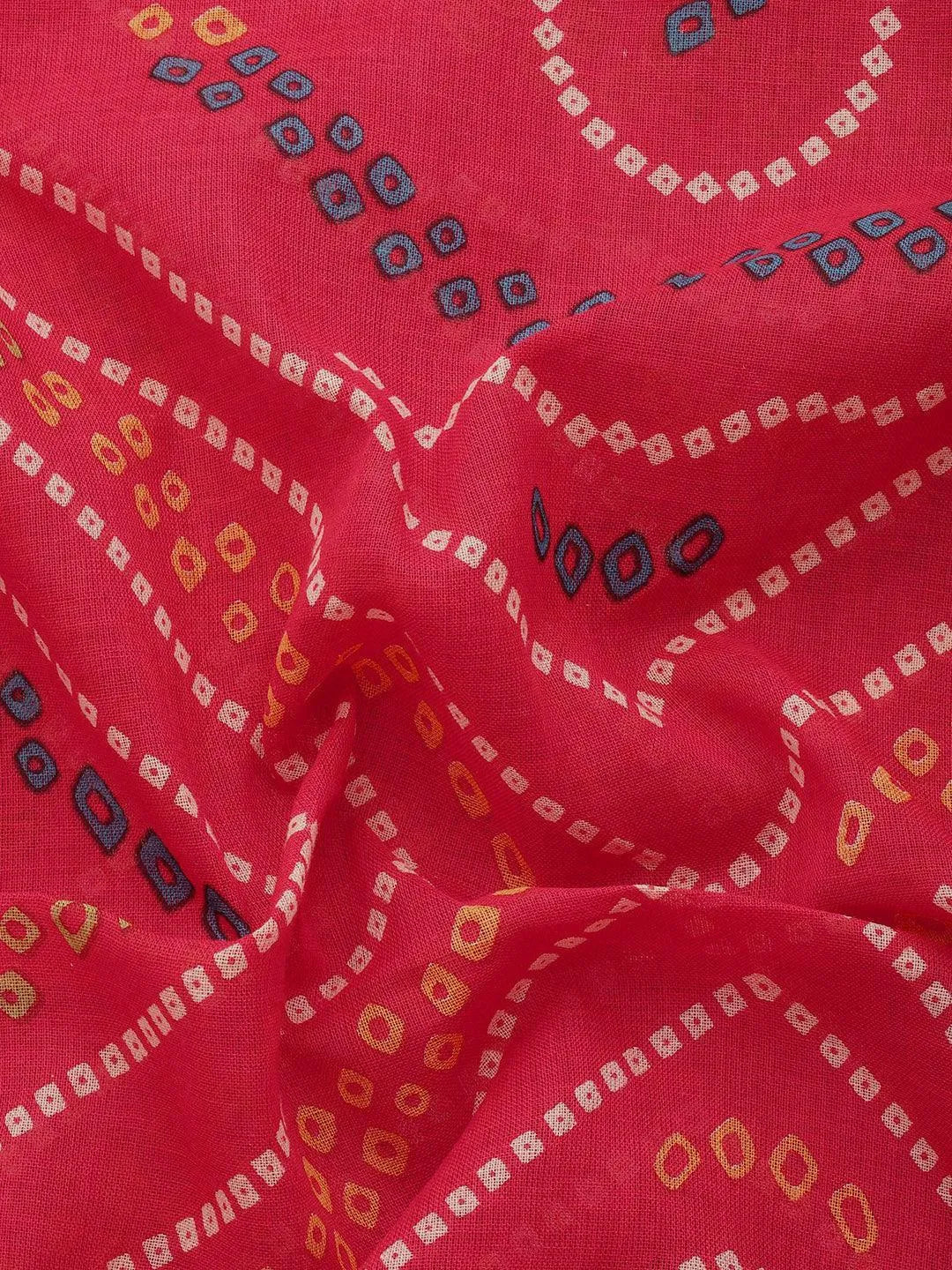Red Printed Cotton Saree - Libas 