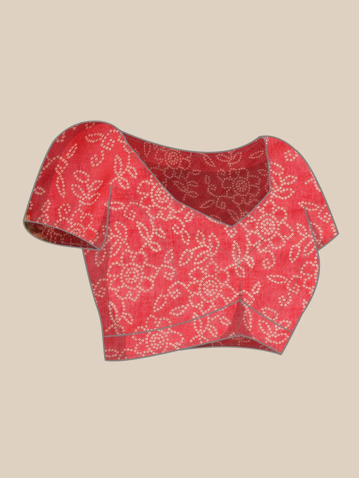 Red Printed Cotton Saree - Libas