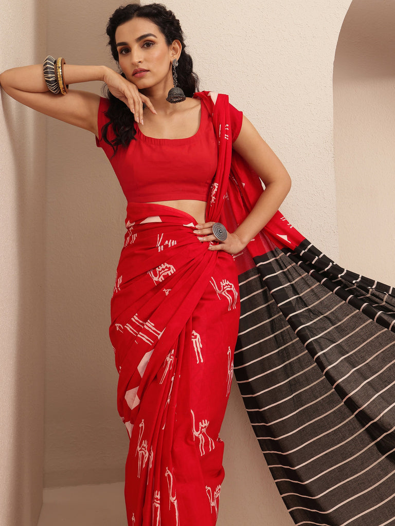 Libas Red Printed Cotton Saree With Unstitched Blouse Piece
