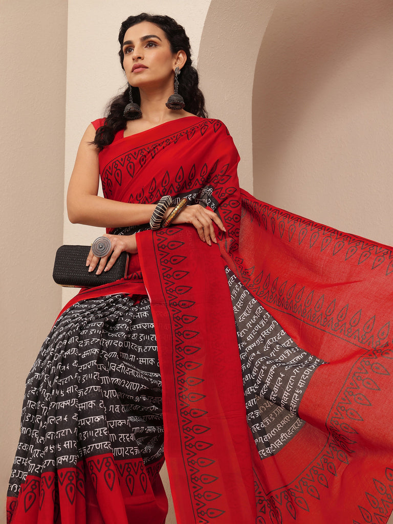 Libas Red Printed Cotton Saree With Unstitched Blouse Piece