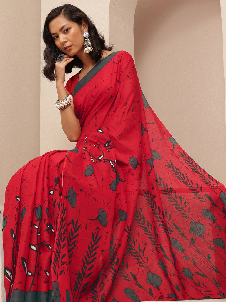 Libas Red Printed Cotton Saree With Unstitched Blouse Piece