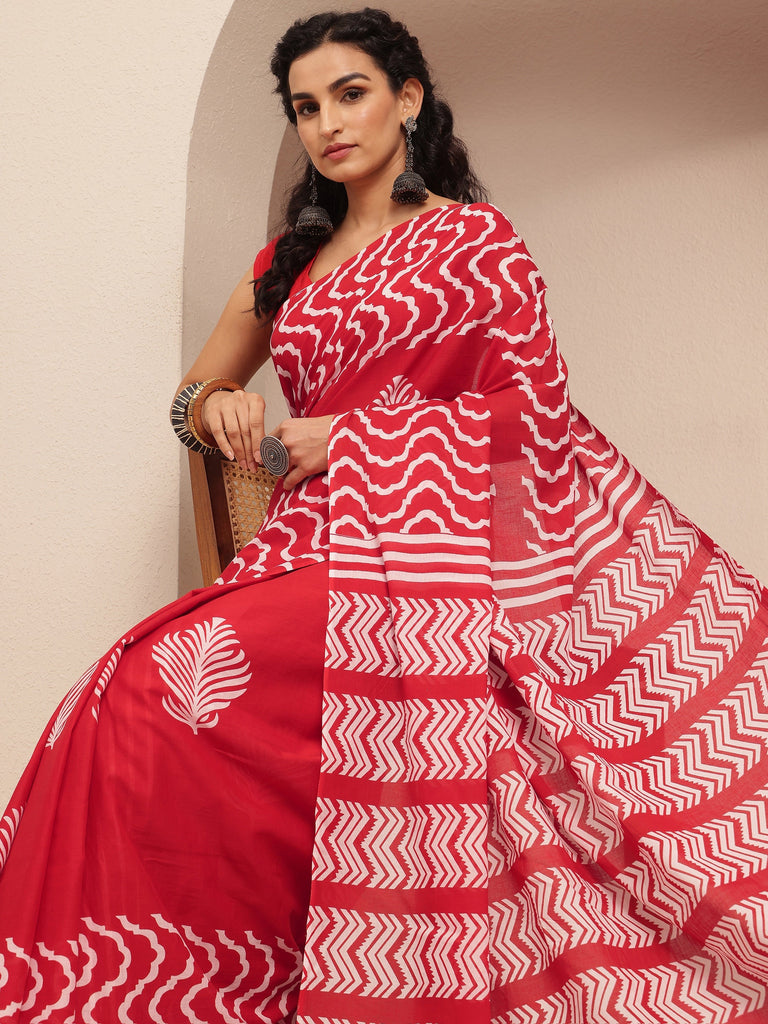 Libas Red Printed Cotton Saree With Unstitched Blouse Piece