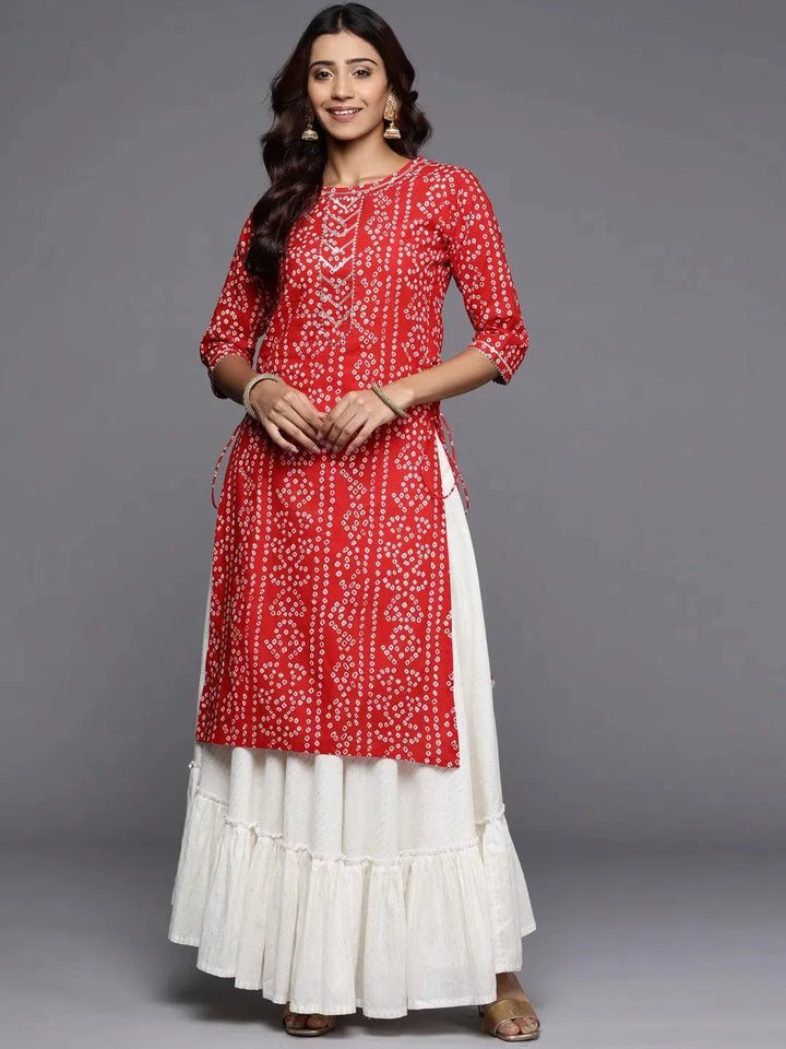 Red Printed Cotton Straight Kurta - Libas