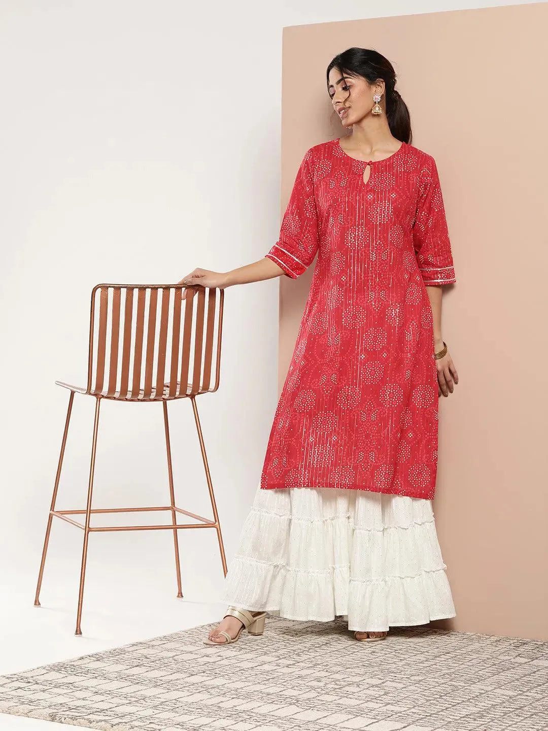 Red Printed Cotton Straight Kurta - Libas 