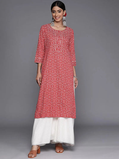 Red Printed Cotton Straight Kurta - Libas