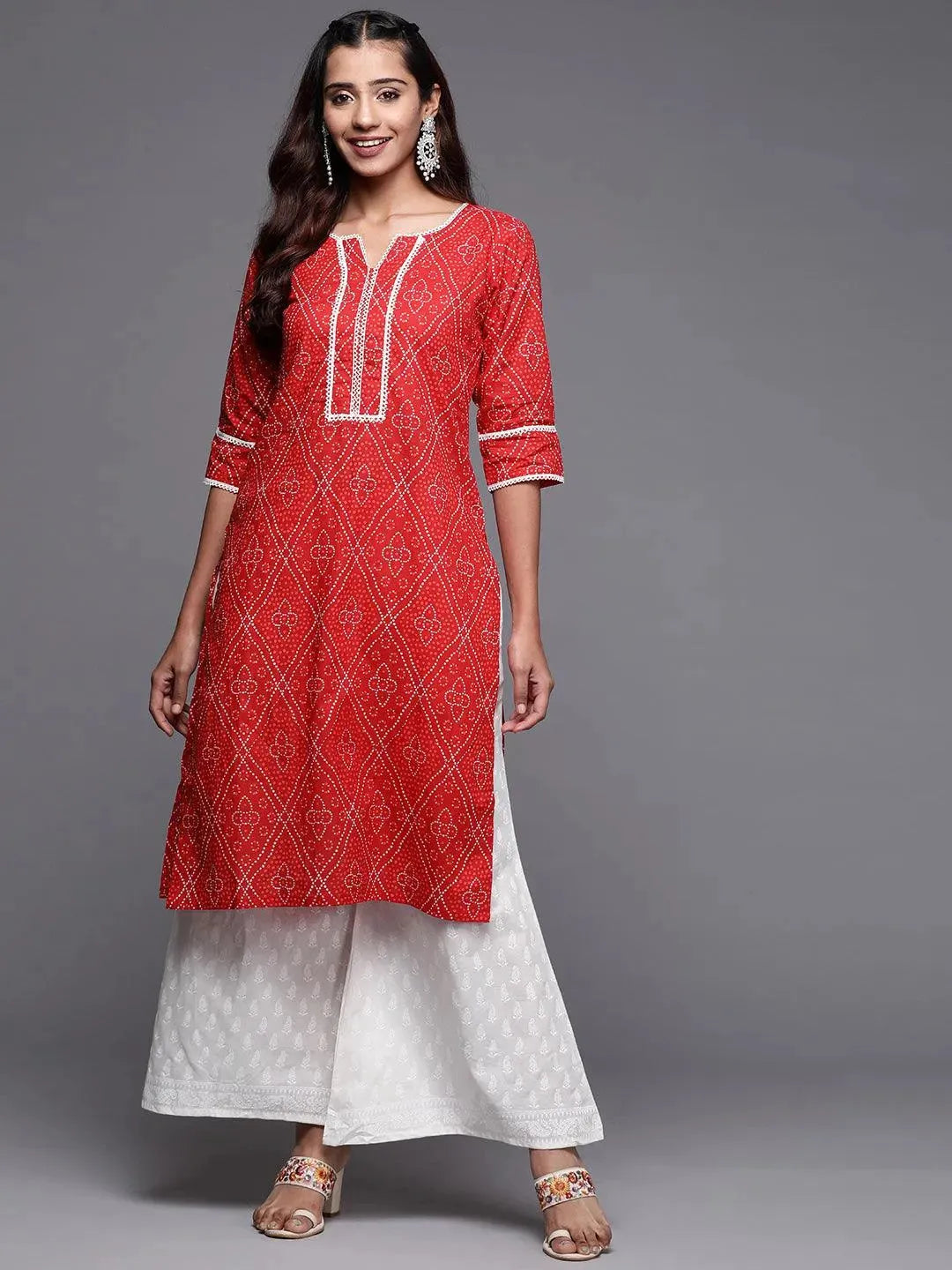 Red Printed Cotton Straight Kurta - Libas 