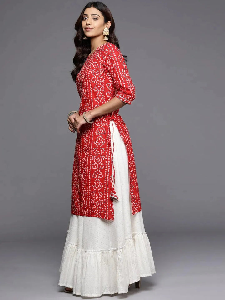 Red Printed Cotton Straight Kurta - Libas