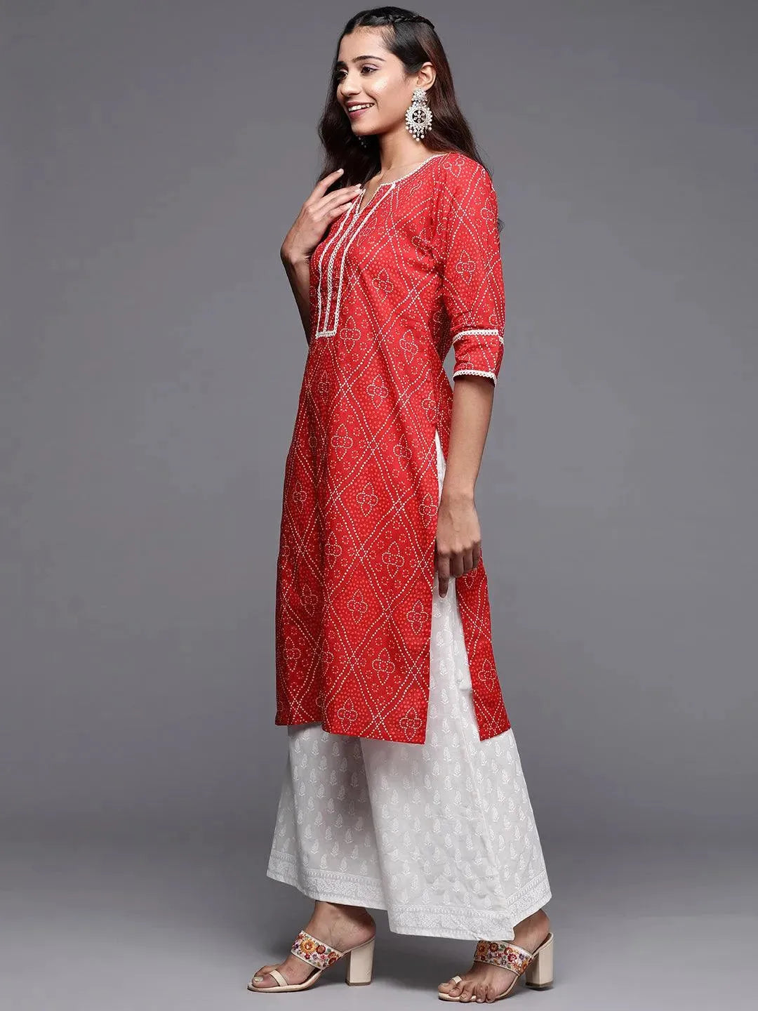 Red Printed Cotton Straight Kurta - Libas 