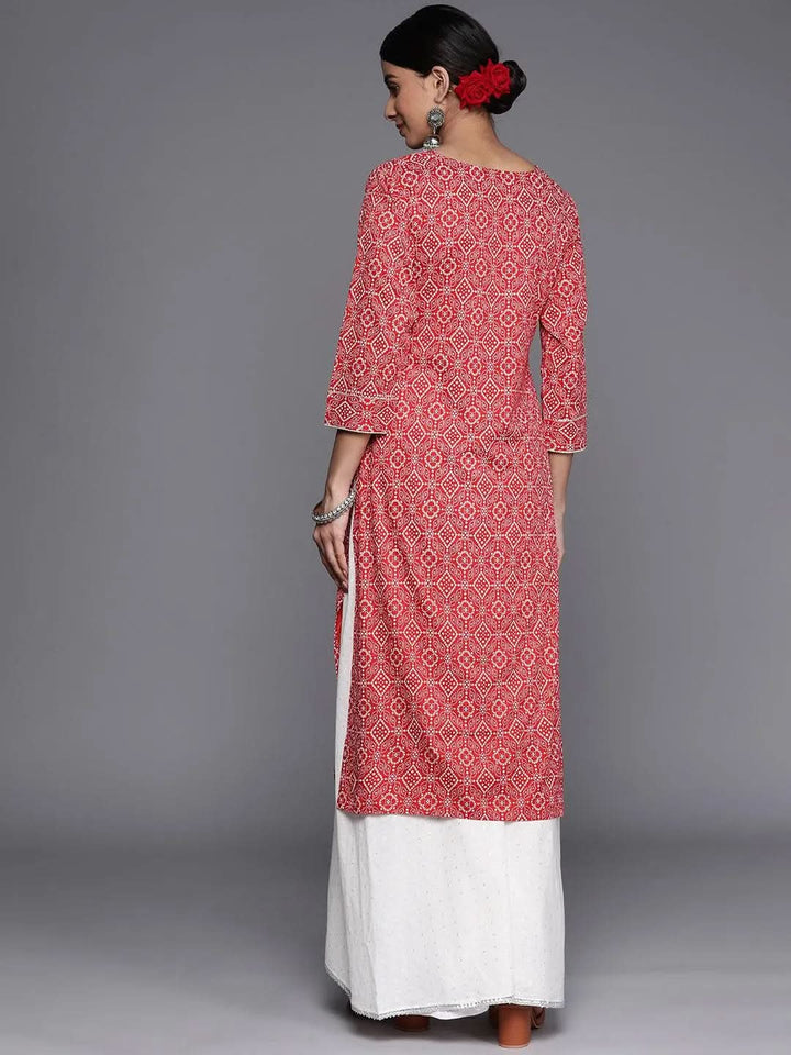 Red Printed Cotton Straight Kurta - Libas